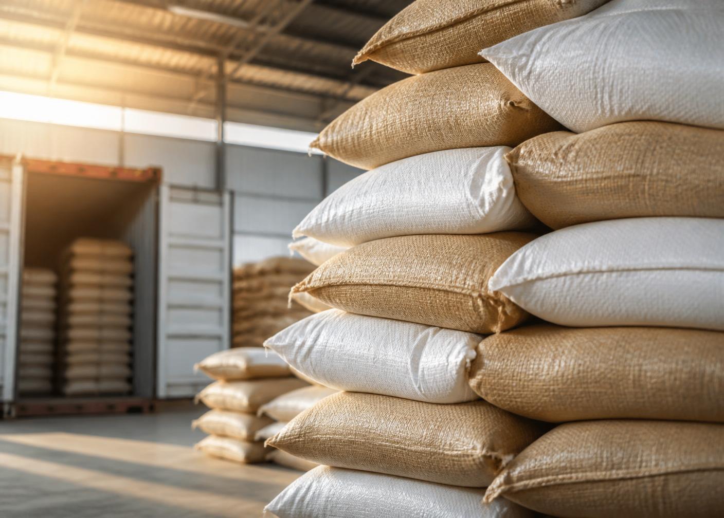 Stacked rice export bags in a warehouse beside a shipping container