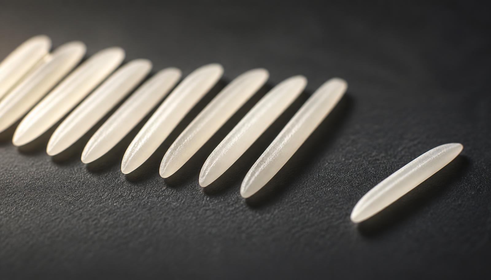 Macro view of extra-long slender Basmati rice kernels arranged in a row beside a single shorter grain