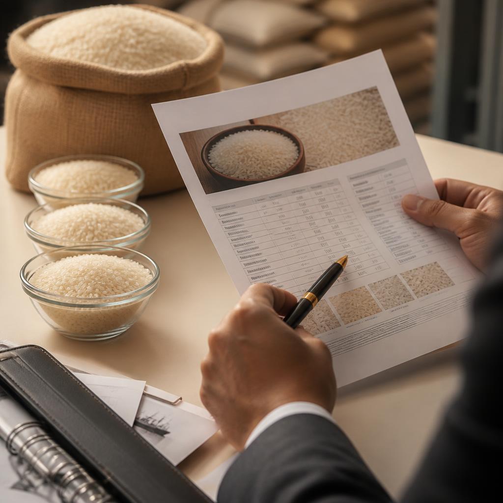 A buyer reviewing a printed rice product specification sheet beside glass bowls of milled rice and a burlap sack