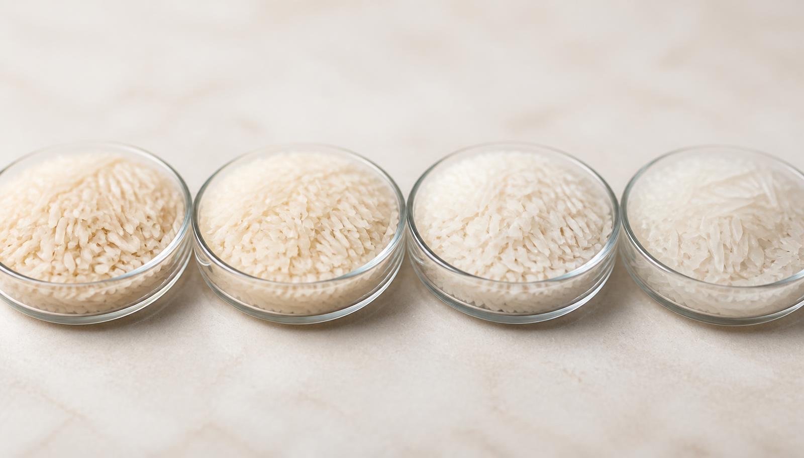 Four glass dishes holding different grades of milled Basmati rice arranged side by side for comparison