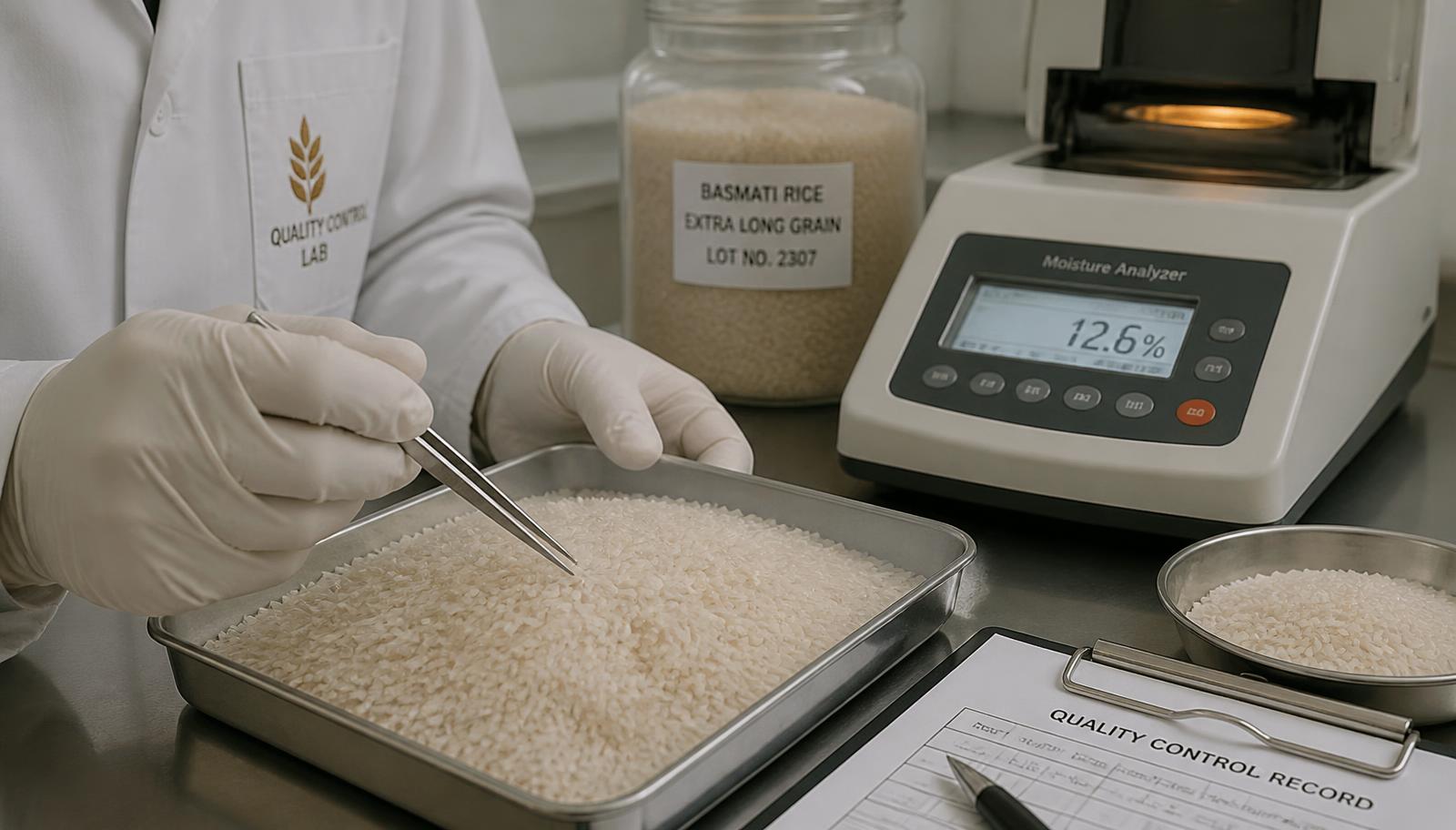 Quality technician inspecting Basmati rice grains on a laboratory tray beside a moisture analyser