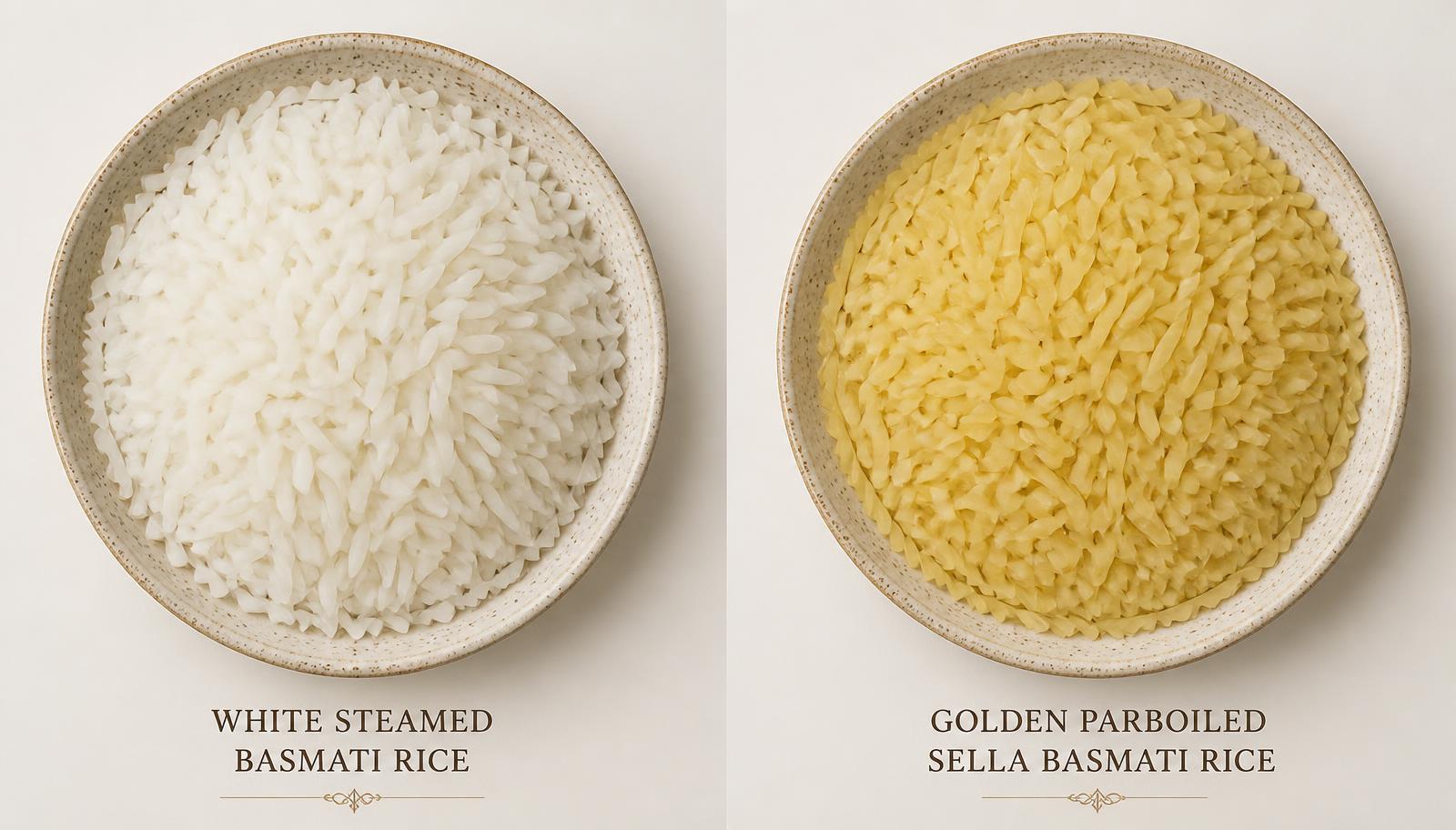 Side-by-side bowls of white steamed Basmati rice and golden parboiled Sella Basmati rice