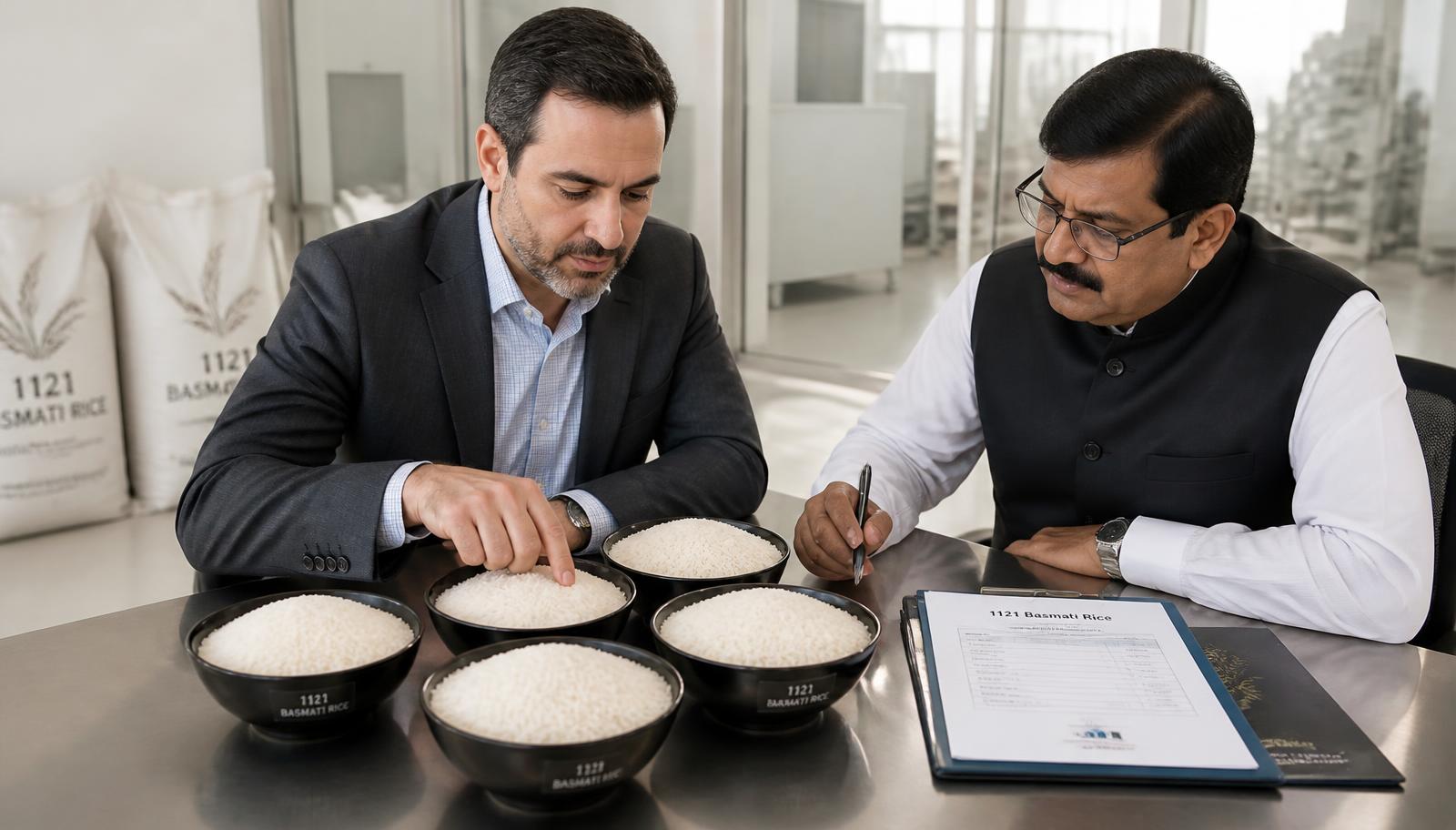 A buyer and a rice supplier reviewing bowls of milled Basmati rice beside a written product specification