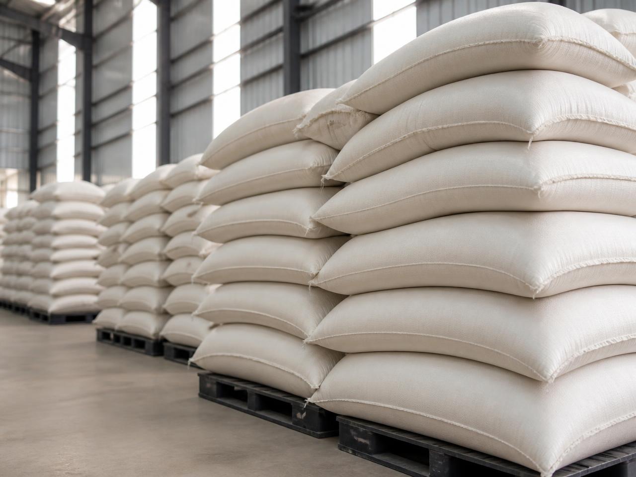 Packing — Rice moving along a conveyor inside a rice processing facility