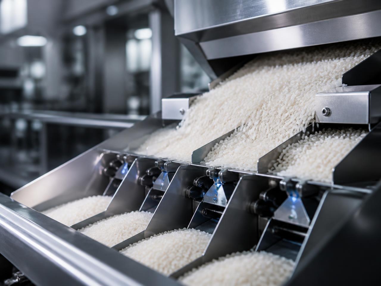 Processing — Rice moving along a conveyor inside a rice processing facility