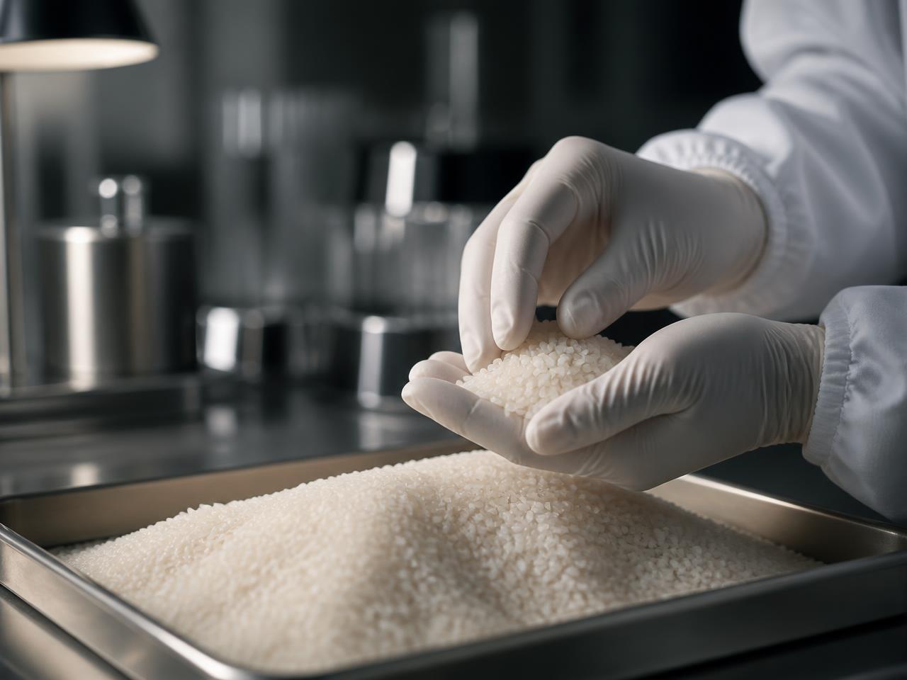 Quality Check — Rice moving along a conveyor inside a rice processing facility
