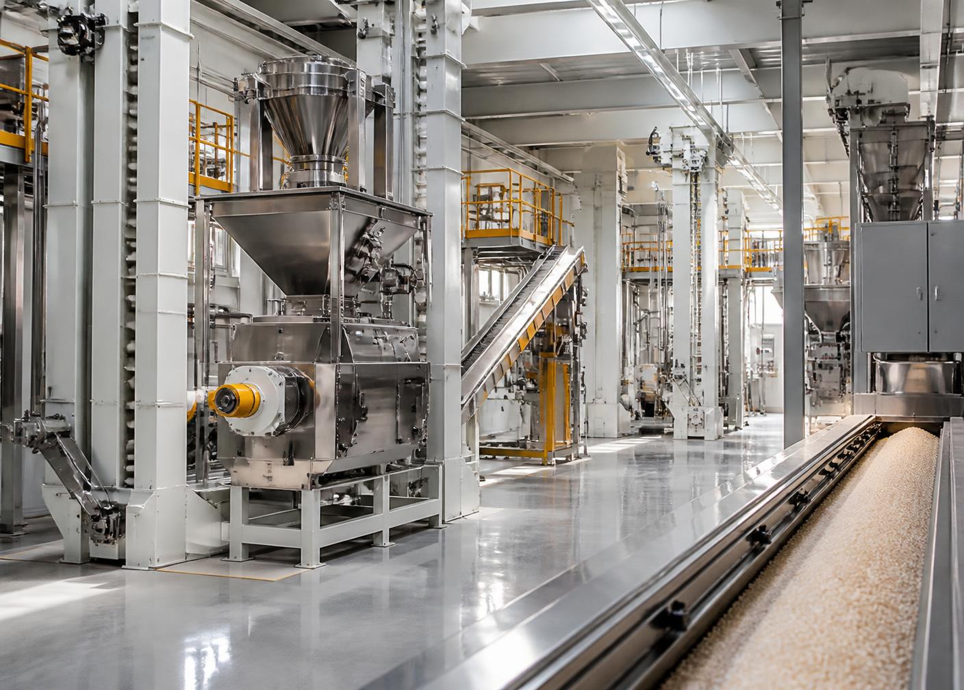 Modern rice milling plant with stainless steel processing machinery